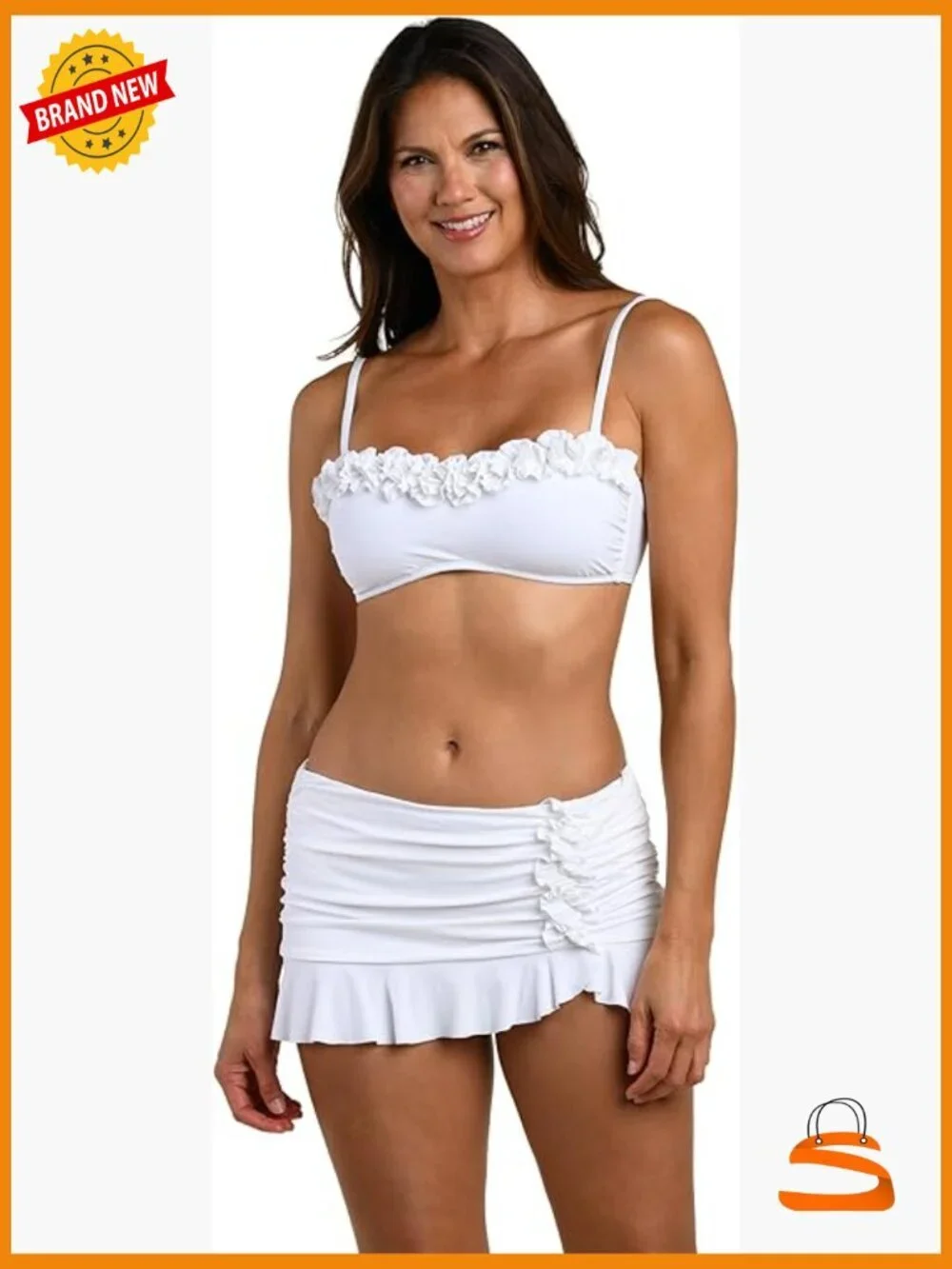 Bandeau Bikini Top with Ruffles, Molded Cups, Adjustable Fit, Size 10